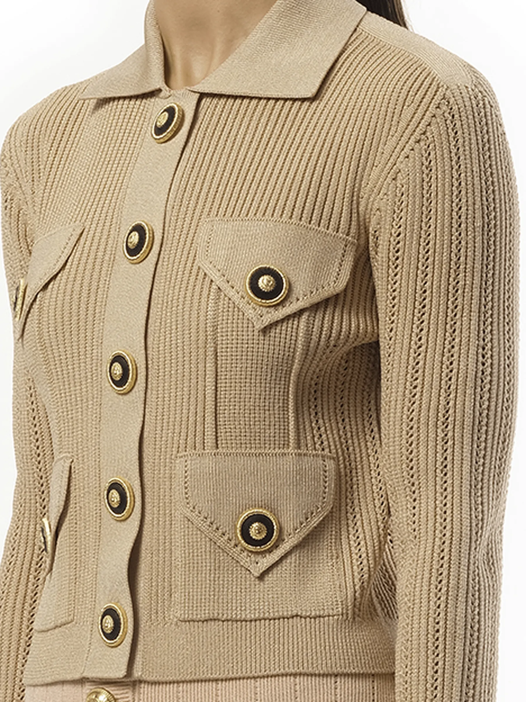 4 Pockets Buttoned Ribbed Knit Cardigan in Nude Rose