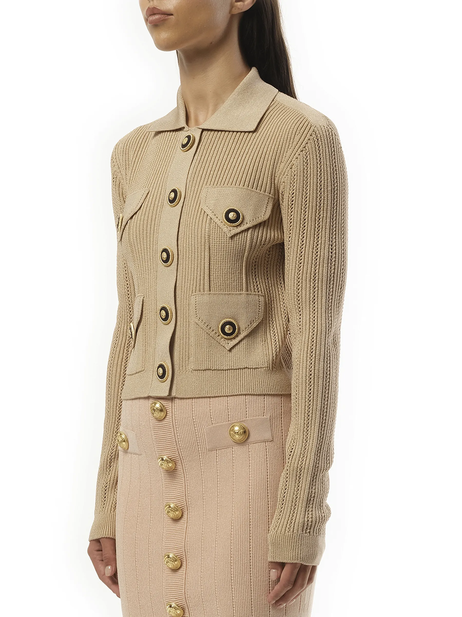 4 Pockets Buttoned Ribbed Knit Cardigan in Nude Rose