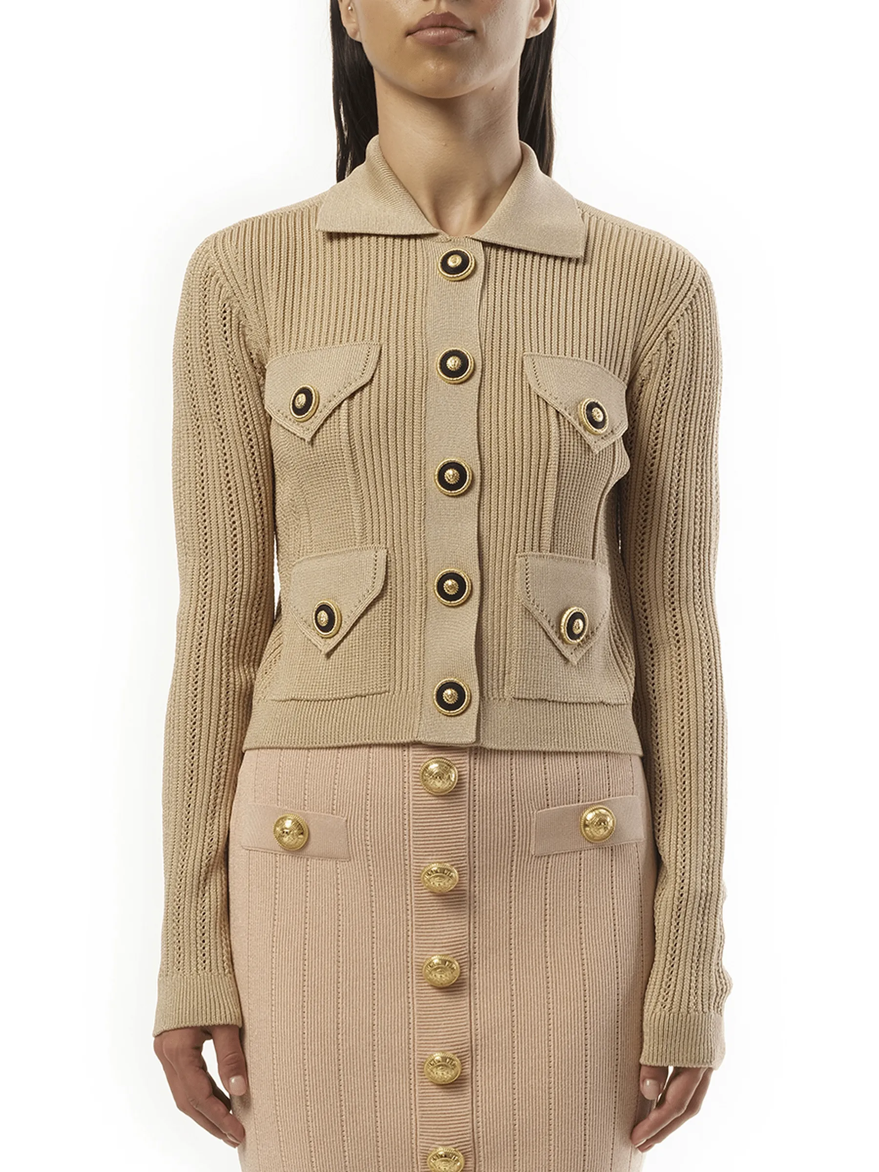 4 Pockets Buttoned Ribbed Knit Cardigan in Nude Rose