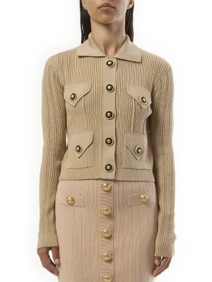 4 Pockets Buttoned Ribbed Knit Cardigan in Nude Rose