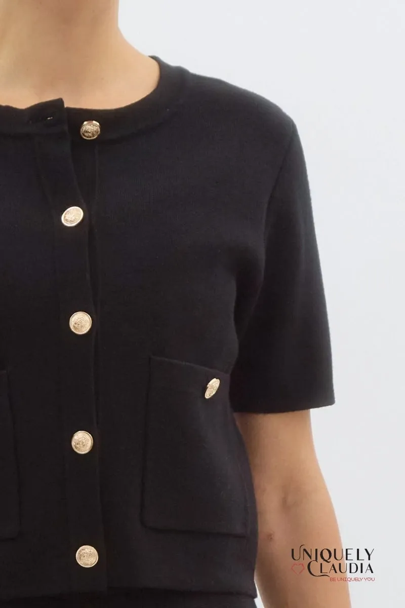 Alexandria Medallion Buttons Short-Sleeve Knit Cardigan