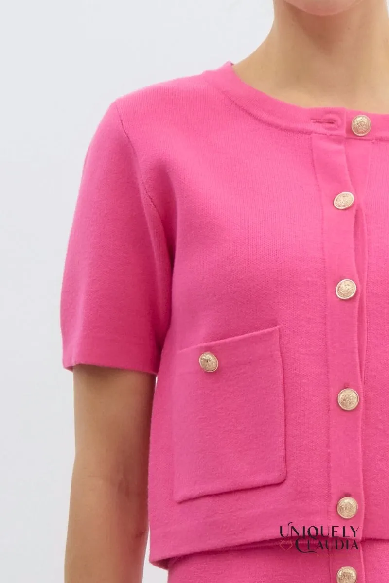 Alexandria Medallion Buttons Short-Sleeve Knit Cardigan