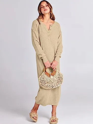 ANRABESS Women Long Sleeve Button V Neck Oversized Casual Loose Fit Waffle Knit Fall Midi Sweater Dress 2024 Trendy Outfits Green Large