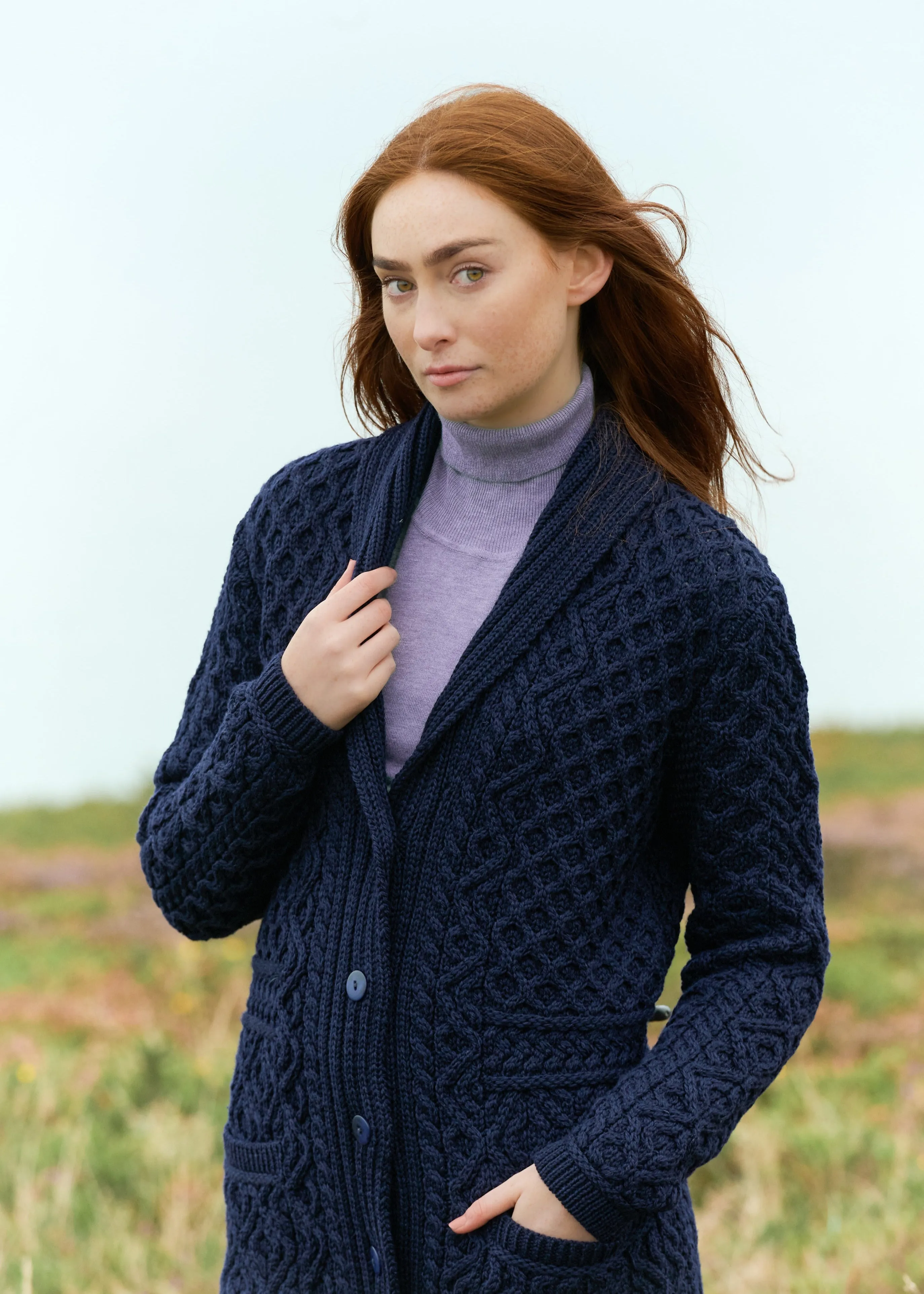 Aran Shawl Collar Button Coat | Navy