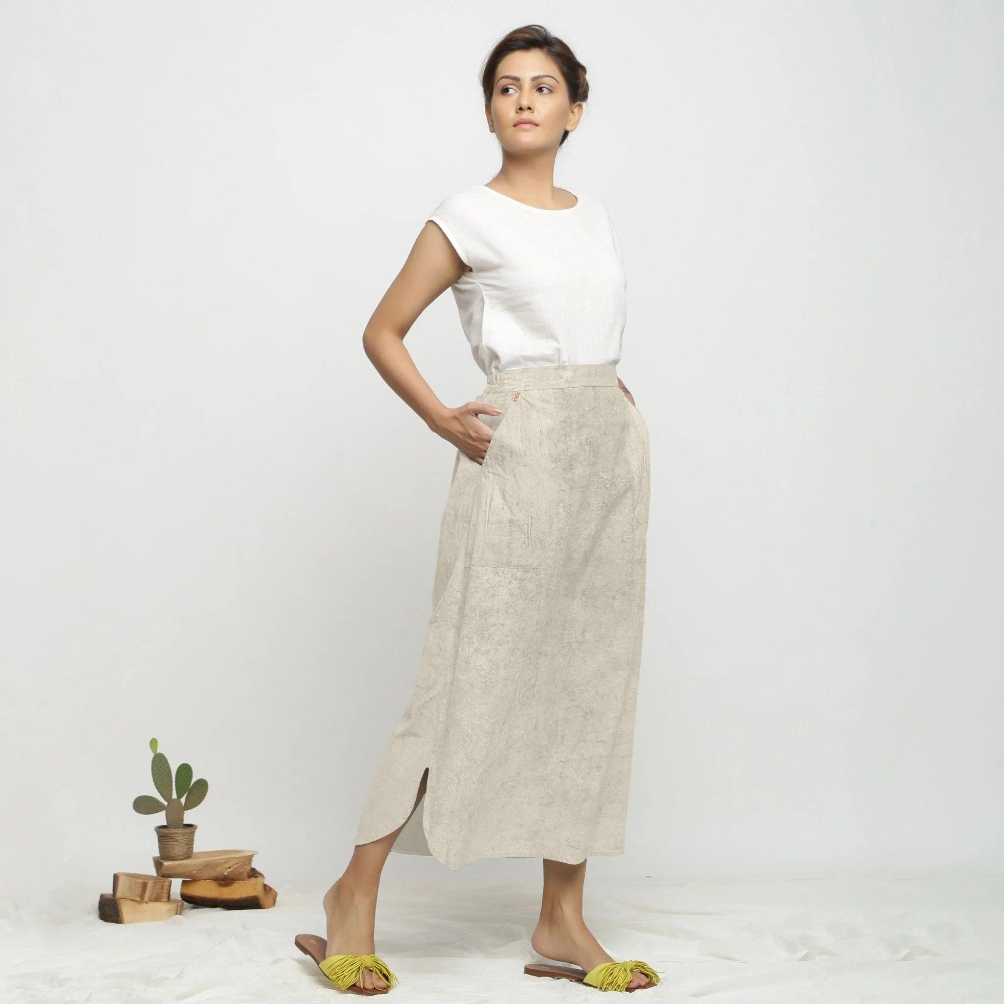 Beige Dabu Print Cotton Elasticated A-Line Maxi Skirt