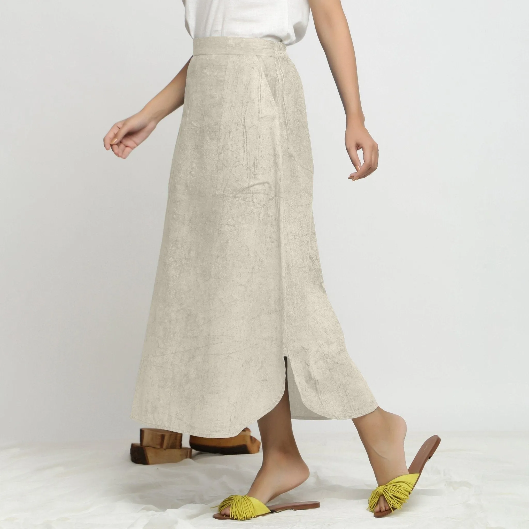 Beige Dabu Print Cotton Elasticated A-Line Maxi Skirt