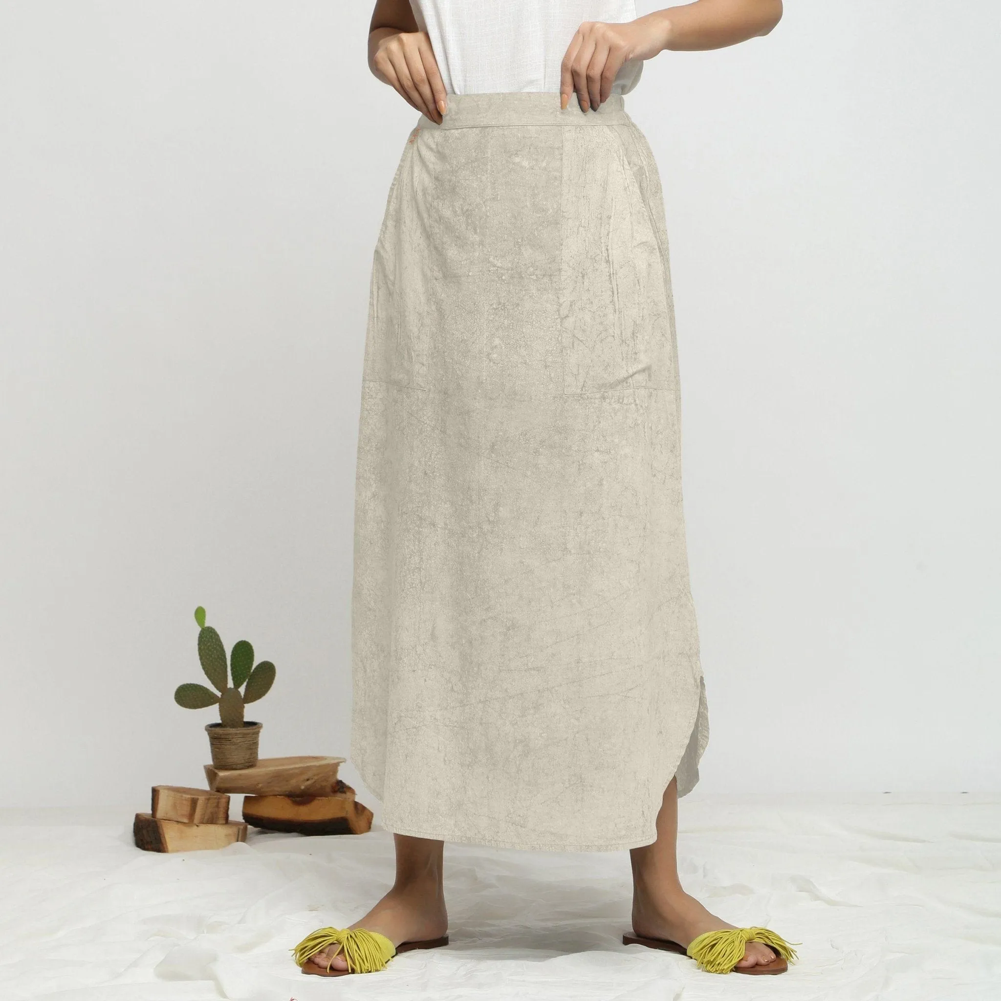 Beige Dabu Print Cotton Elasticated A-Line Maxi Skirt