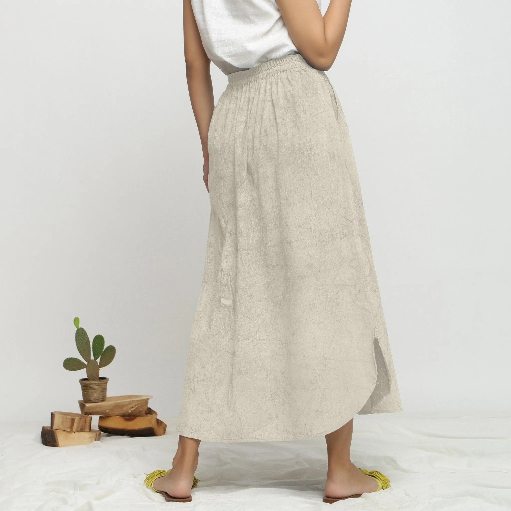 Beige Dabu Print Cotton Elasticated A-Line Maxi Skirt