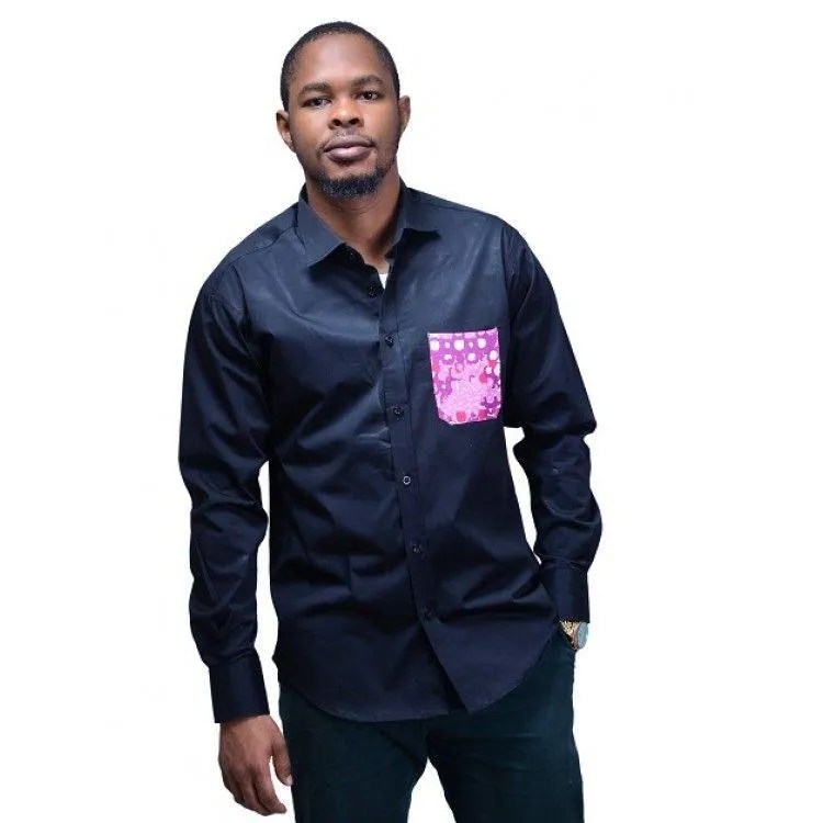 Black Casual Shirt With Ankara Pocket