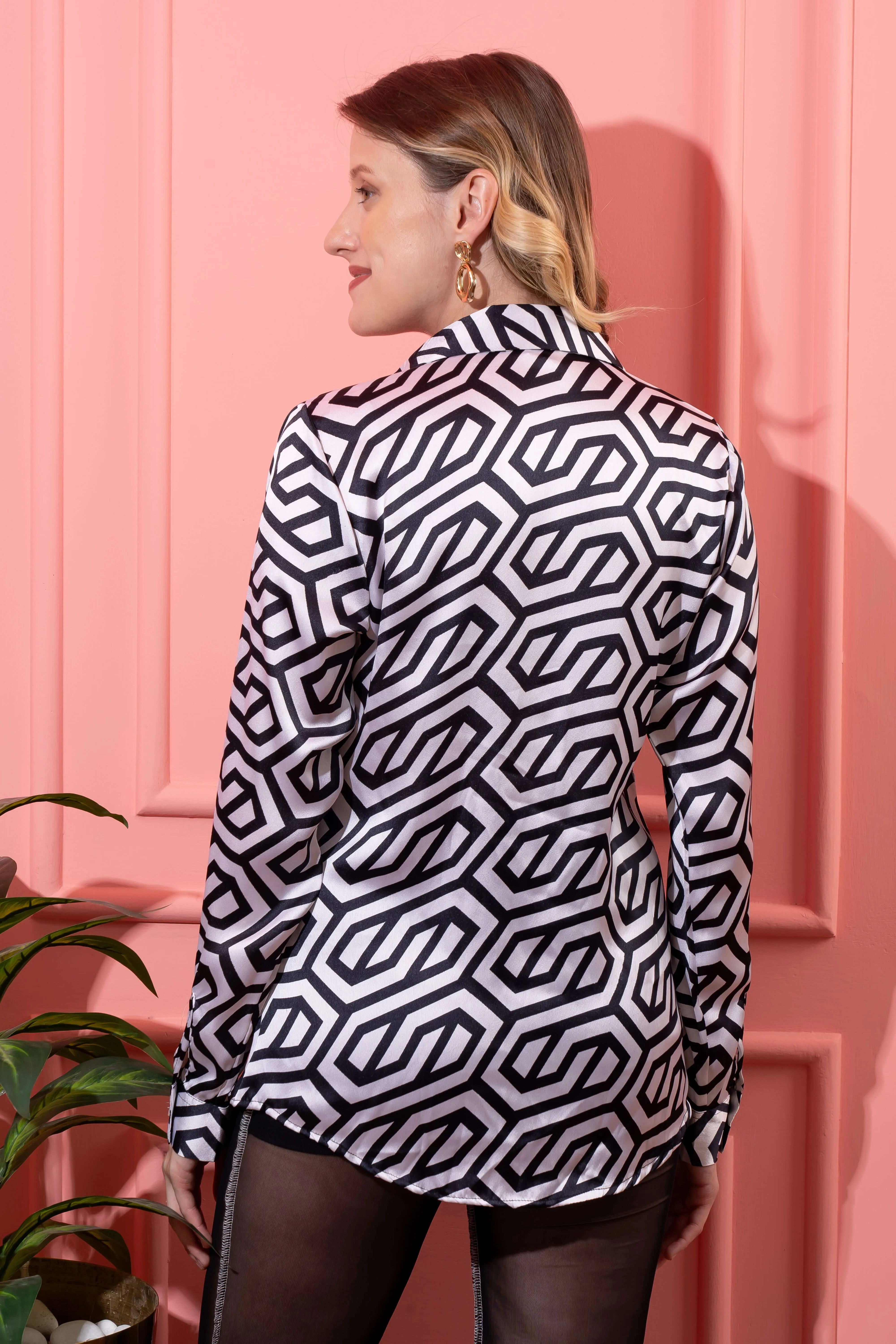 Black Printed Jewel Satin Shirt
