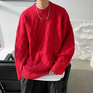 Bonsir  Cable-knit Vintage Sweater Men Solid Color Loose Round Neck Male Pullovers Warm Fashion Unisex Casual Clothing