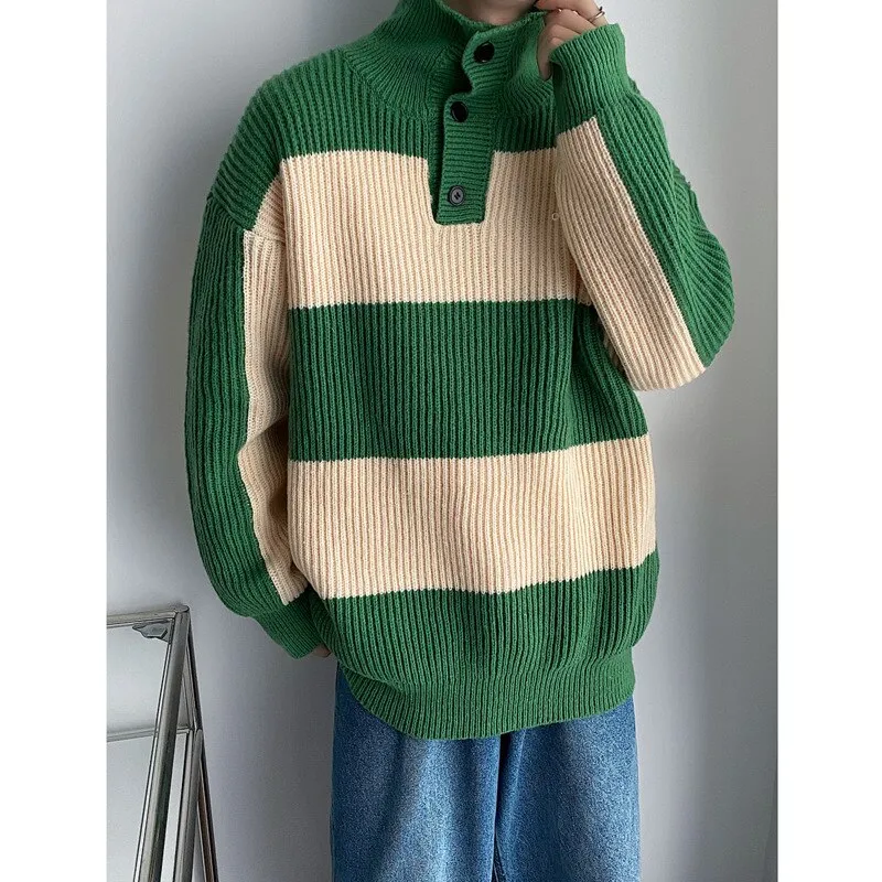 Bonsir Winter Lapel Sweater Men Warm Fashion Casual Knitted Pullover Men Korean Loose Stripe Long Sleeve Sweater Mens Jumper Clothes