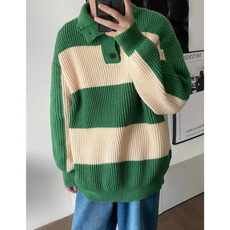 Bonsir Winter Lapel Sweater Men Warm Fashion Casual Knitted Pullover Men Korean Loose Stripe Long Sleeve Sweater Mens Jumper Clothes