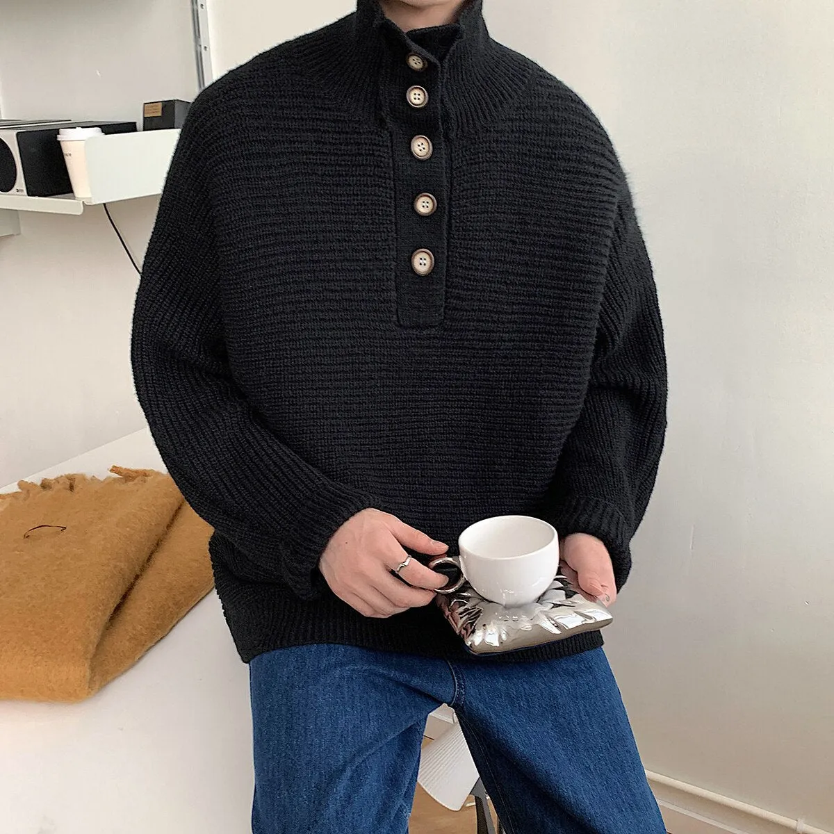 Bonsir Winter Lapel Sweater Men Warm Fashion Casual Knitted Pullover Men Korean Loose Stripe Long Sleeve Sweater Mens Jumper Clothes