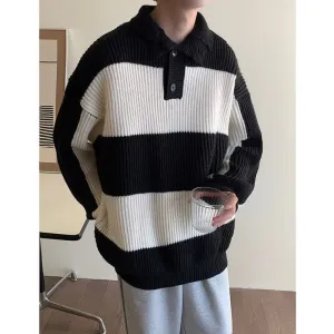 Bonsir Winter Lapel Sweater Men Warm Fashion Casual Knitted Pullover Men Korean Loose Stripe Long Sleeve Sweater Mens Jumper Clothes