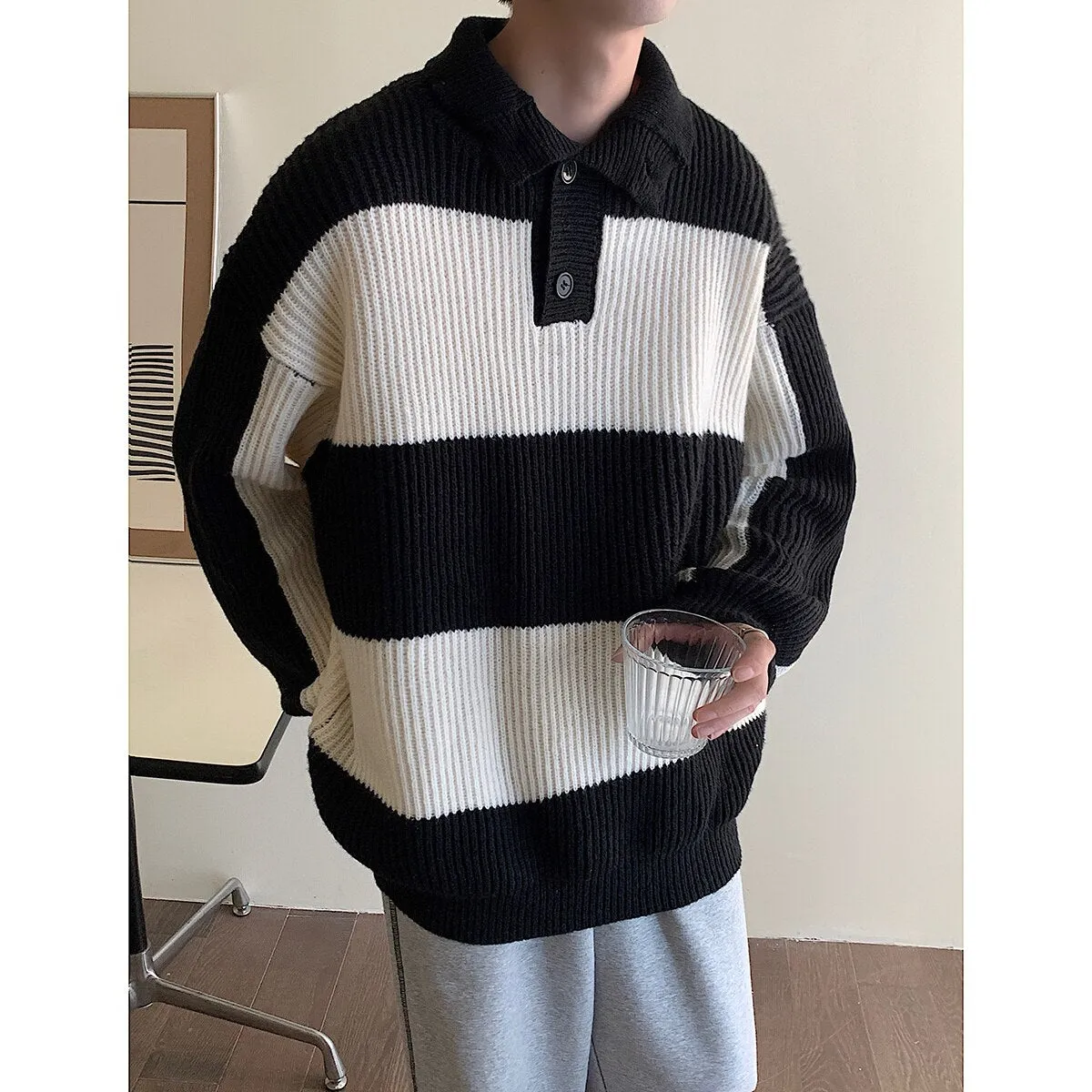 Bonsir Winter Lapel Sweater Men Warm Fashion Casual Knitted Pullover Men Korean Loose Stripe Long Sleeve Sweater Mens Jumper Clothes