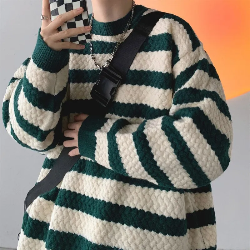 Bonsir Winter Striped Sweater Men Warm Fashion Casual Knit Pullover Men Korean Loose Oversized Long Sleeve Sweater Mens Jumper Clothes