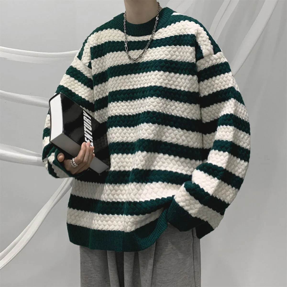 Bonsir Winter Striped Sweater Men Warm Fashion Casual Knit Pullover Men Korean Loose Oversized Long Sleeve Sweater Mens Jumper Clothes