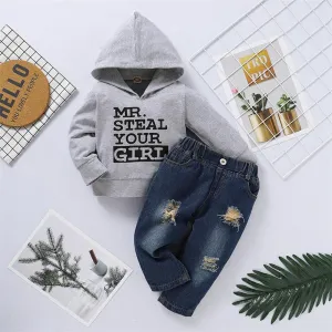 Boys Hooded Letter Printed Long Sleeve Jumper & Denim Pants