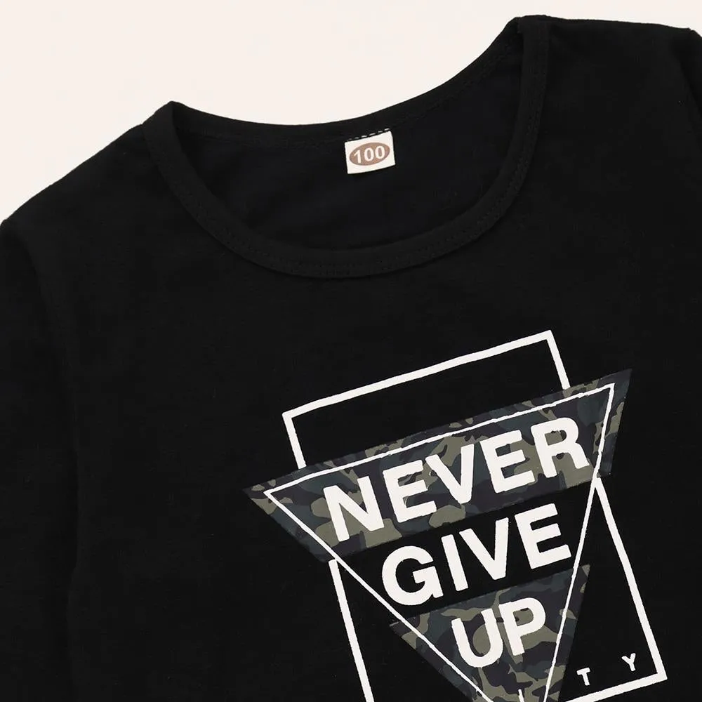 Boys Never Give Up Long Sleeve Top & Camo Pants Wholesale Toddler Boy Clothes