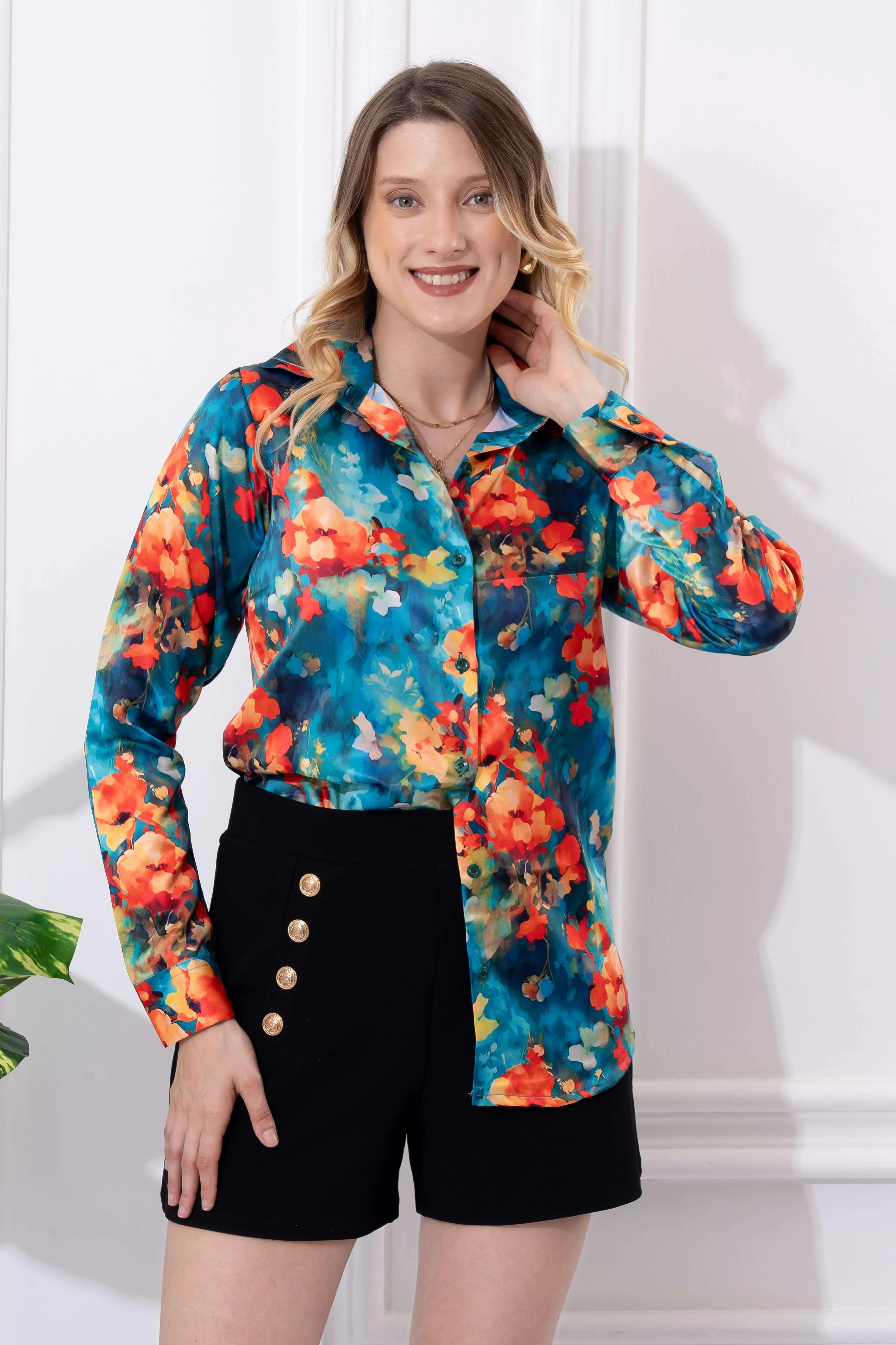 Bright Multicolor Printed Satin Shirt