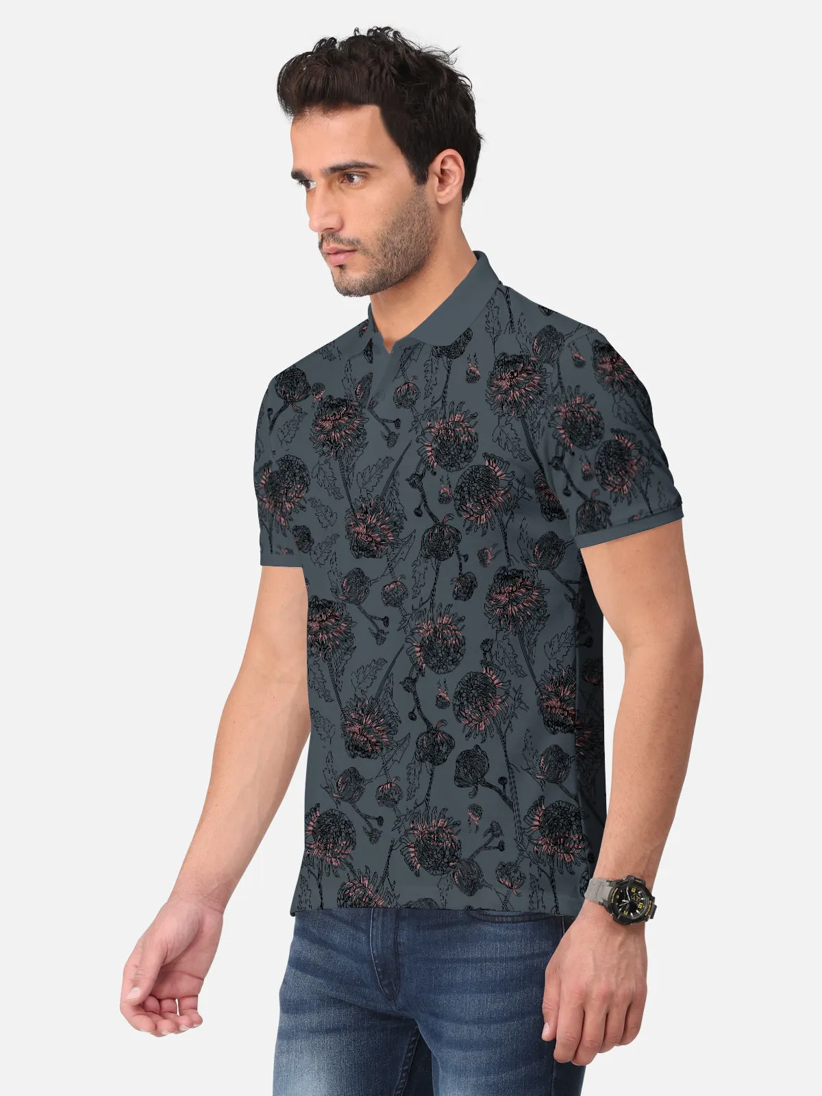 BULLMER Dark Grey Trendy Printed Half Sleeve Polo T-shirt for Mens