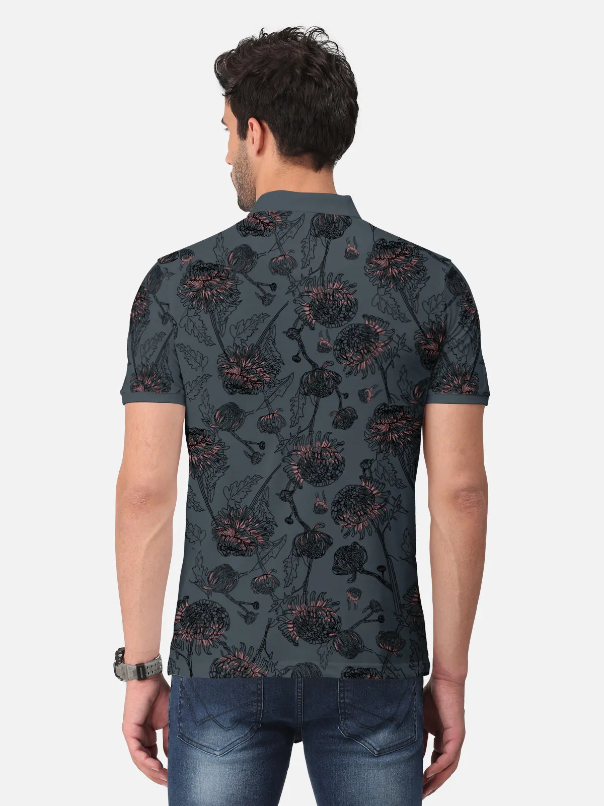 BULLMER Dark Grey Trendy Printed Half Sleeve Polo T-shirt for Mens