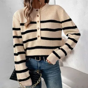 Button Detachable Striped Loose Sweater Wholesale Womens Clothing N3824091200027