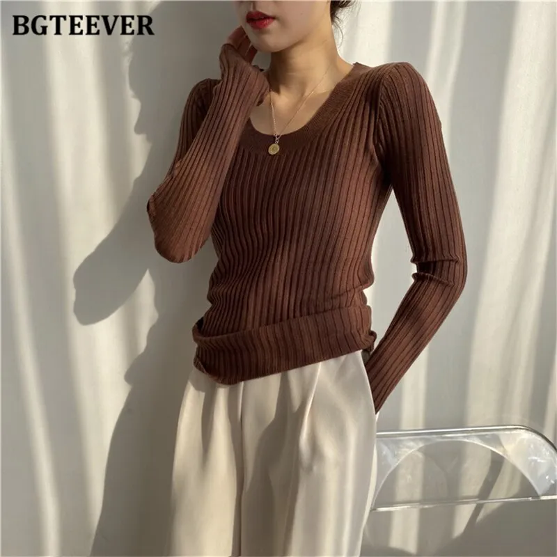 Christmas Gift Joskaa Autumn Deep O-neck Women Basic Slim Warm Knitted Tops Casual Skinny Stretch Long Sleeve Female Pullover Sweaters 2020