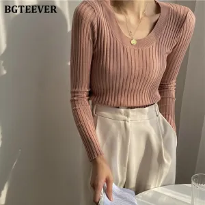 Christmas Gift Joskaa Autumn Deep O-neck Women Basic Slim Warm Knitted Tops Casual Skinny Stretch Long Sleeve Female Pullover Sweaters 2020