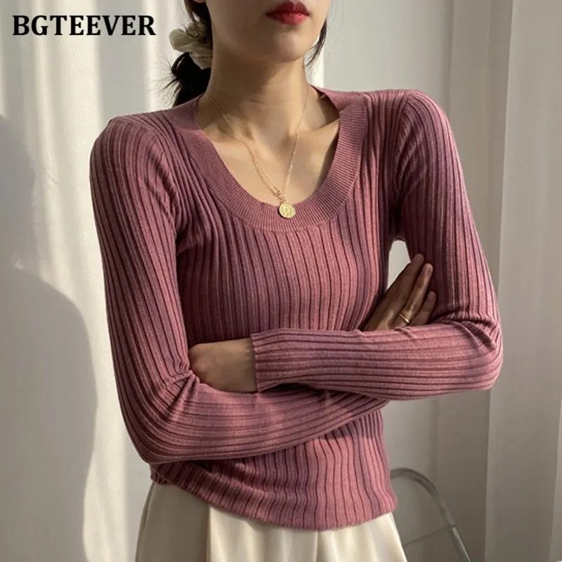 Christmas Gift Joskaa Autumn Deep O-neck Women Basic Slim Warm Knitted Tops Casual Skinny Stretch Long Sleeve Female Pullover Sweaters 2020