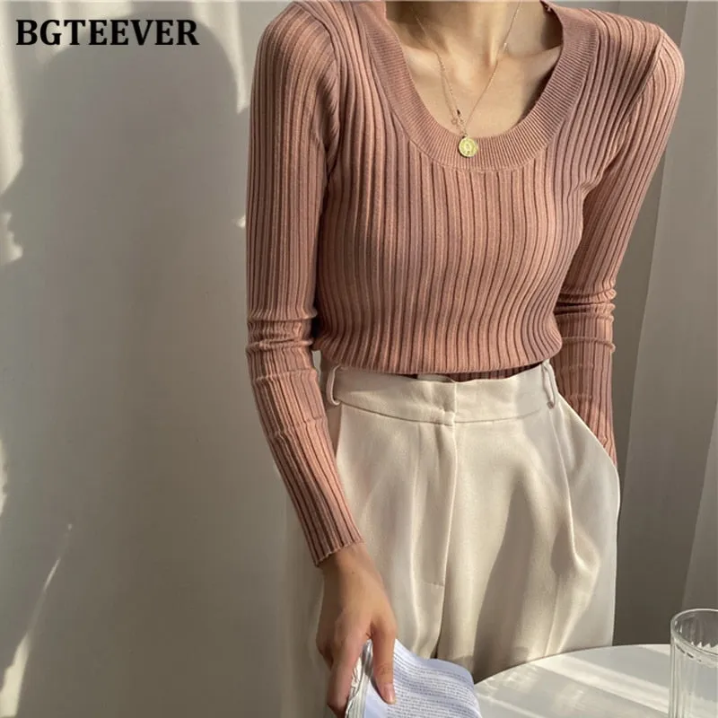 Christmas Gift Joskaa Autumn Deep O-neck Women Basic Slim Warm Knitted Tops Casual Skinny Stretch Long Sleeve Female Pullover Sweaters 2020