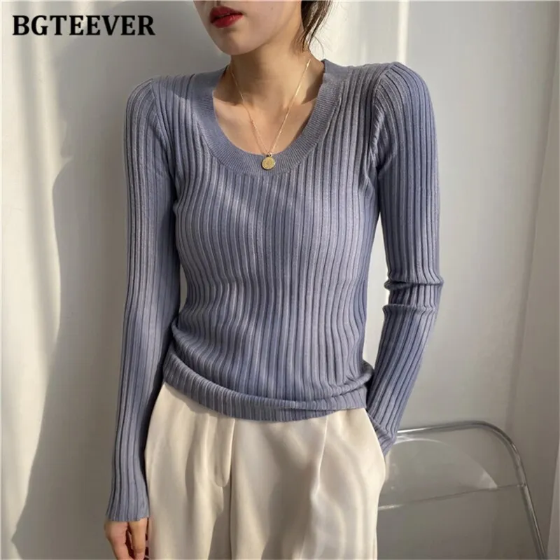 Christmas Gift Joskaa Autumn Deep O-neck Women Basic Slim Warm Knitted Tops Casual Skinny Stretch Long Sleeve Female Pullover Sweaters 2020