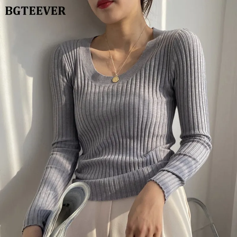 Christmas Gift Joskaa Autumn Deep O-neck Women Basic Slim Warm Knitted Tops Casual Skinny Stretch Long Sleeve Female Pullover Sweaters 2020