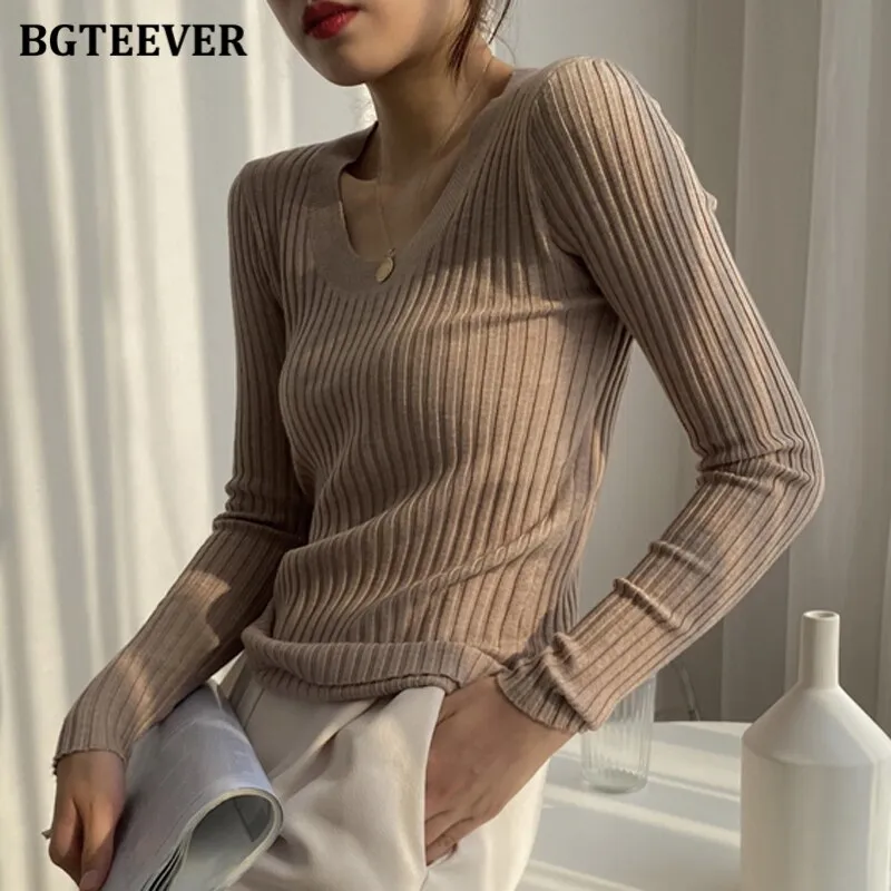 Christmas Gift Joskaa Autumn Deep O-neck Women Basic Slim Warm Knitted Tops Casual Skinny Stretch Long Sleeve Female Pullover Sweaters 2020