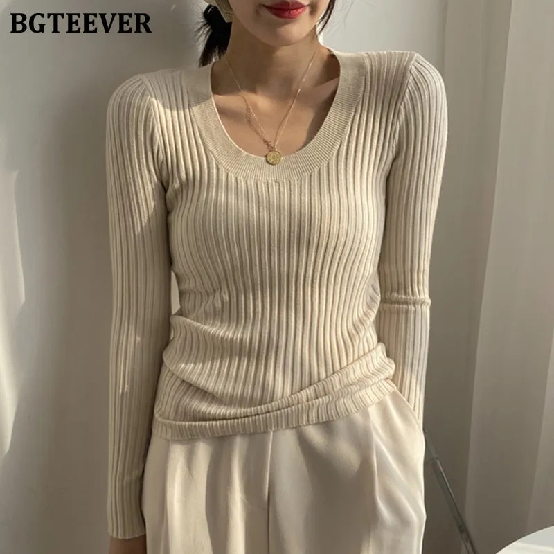 Christmas Gift Joskaa Autumn Deep O-neck Women Basic Slim Warm Knitted Tops Casual Skinny Stretch Long Sleeve Female Pullover Sweaters 2020