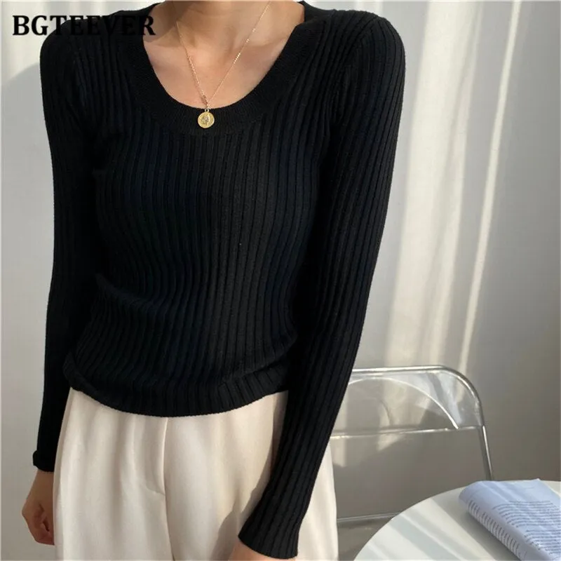Christmas Gift Joskaa Autumn Deep O-neck Women Basic Slim Warm Knitted Tops Casual Skinny Stretch Long Sleeve Female Pullover Sweaters 2020