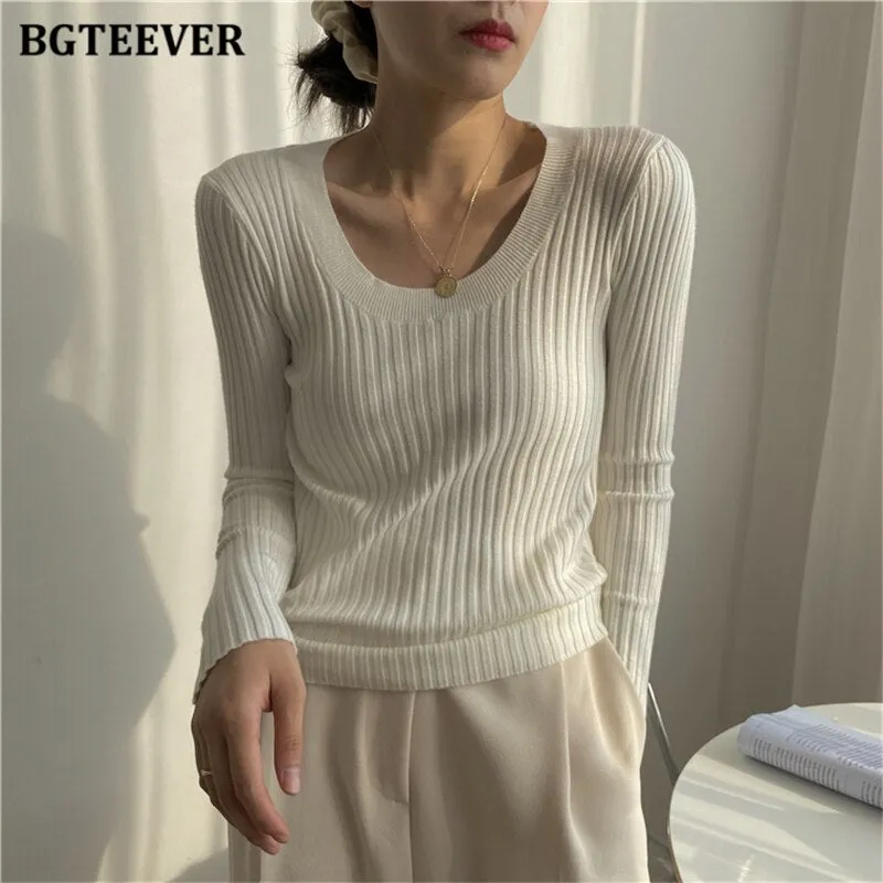Christmas Gift Joskaa Autumn Deep O-neck Women Basic Slim Warm Knitted Tops Casual Skinny Stretch Long Sleeve Female Pullover Sweaters 2020