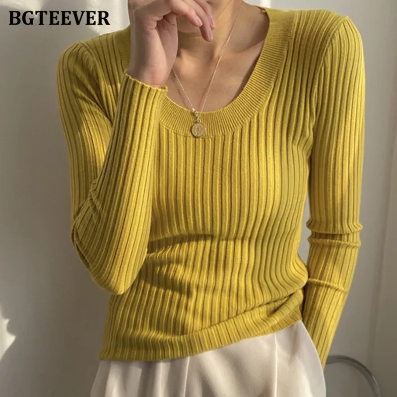 Christmas Gift Joskaa Autumn Deep O-neck Women Basic Slim Warm Knitted Tops Casual Skinny Stretch Long Sleeve Female Pullover Sweaters 2020