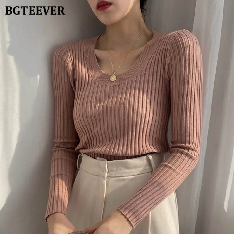 Christmas Gift Joskaa Autumn Deep O-neck Women Basic Slim Warm Knitted Tops Casual Skinny Stretch Long Sleeve Female Pullover Sweaters 2020