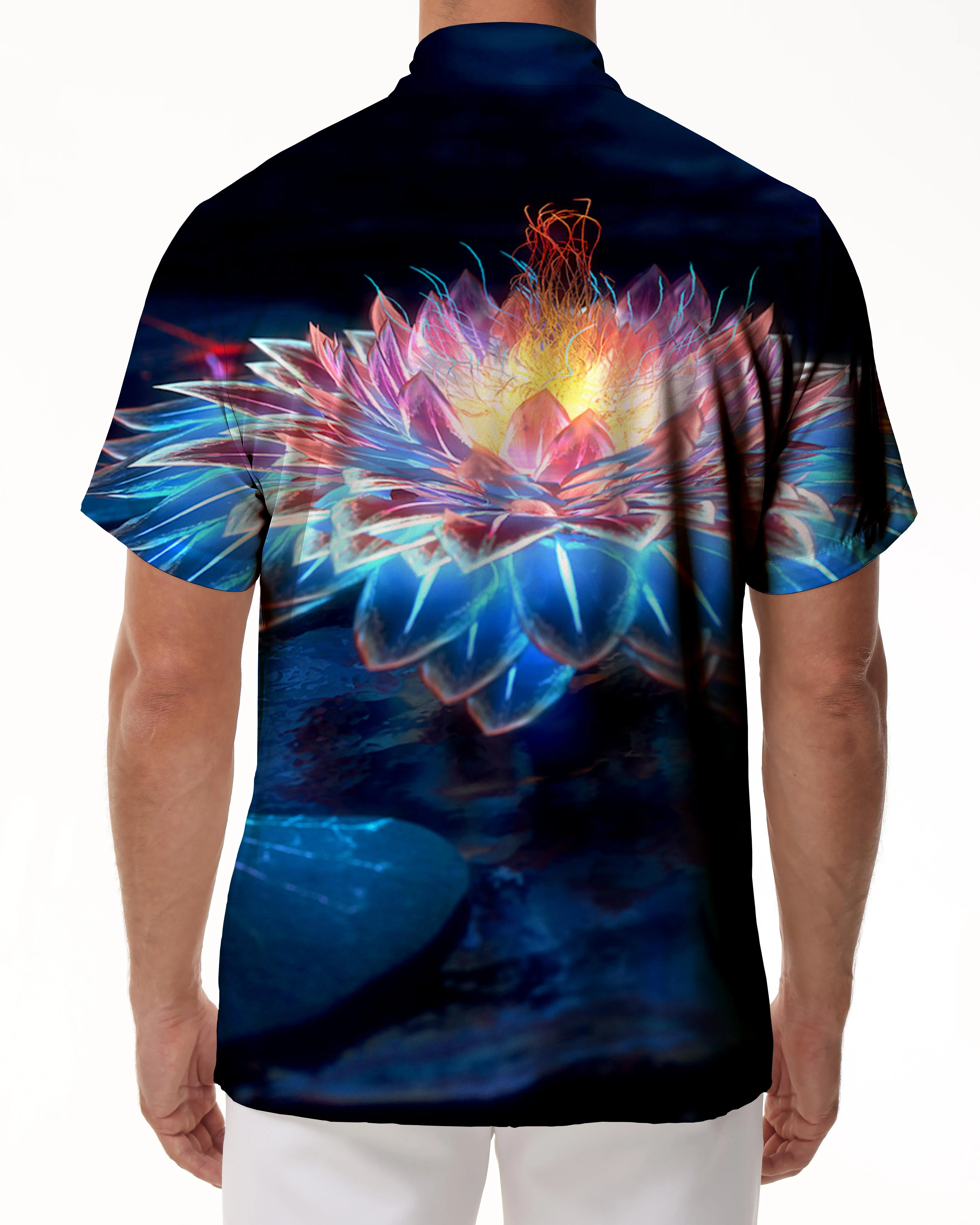 Colorful graceful flowers trend men's summer beach lotus Hawaiian shirt print short sleeve shirt button
