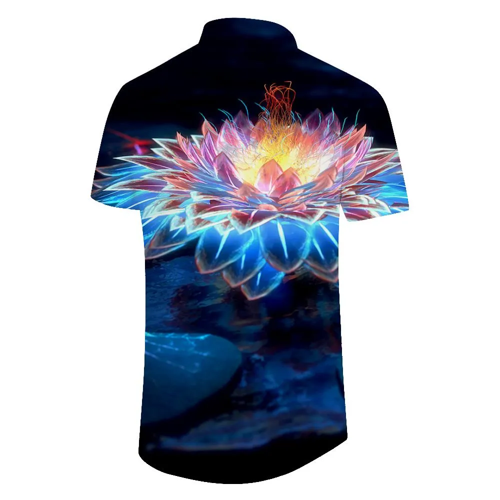 Colorful graceful flowers trend men's summer beach lotus Hawaiian shirt print short sleeve shirt button