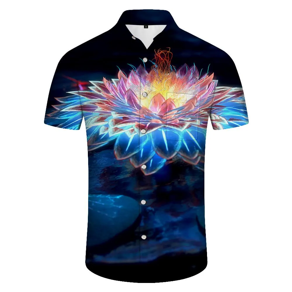 Colorful graceful flowers trend men's summer beach lotus Hawaiian shirt print short sleeve shirt button