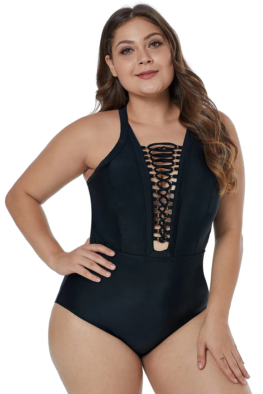 Colorful Tropical Jungle Crisscross Plunge V Neck Plus Maillot Swimwear