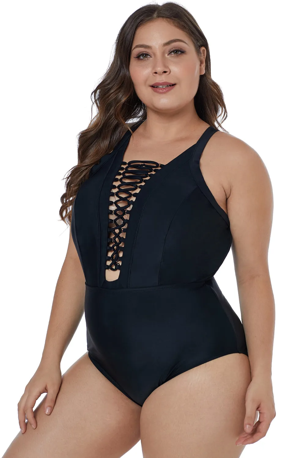 Colorful Tropical Jungle Crisscross Plunge V Neck Plus Maillot Swimwear