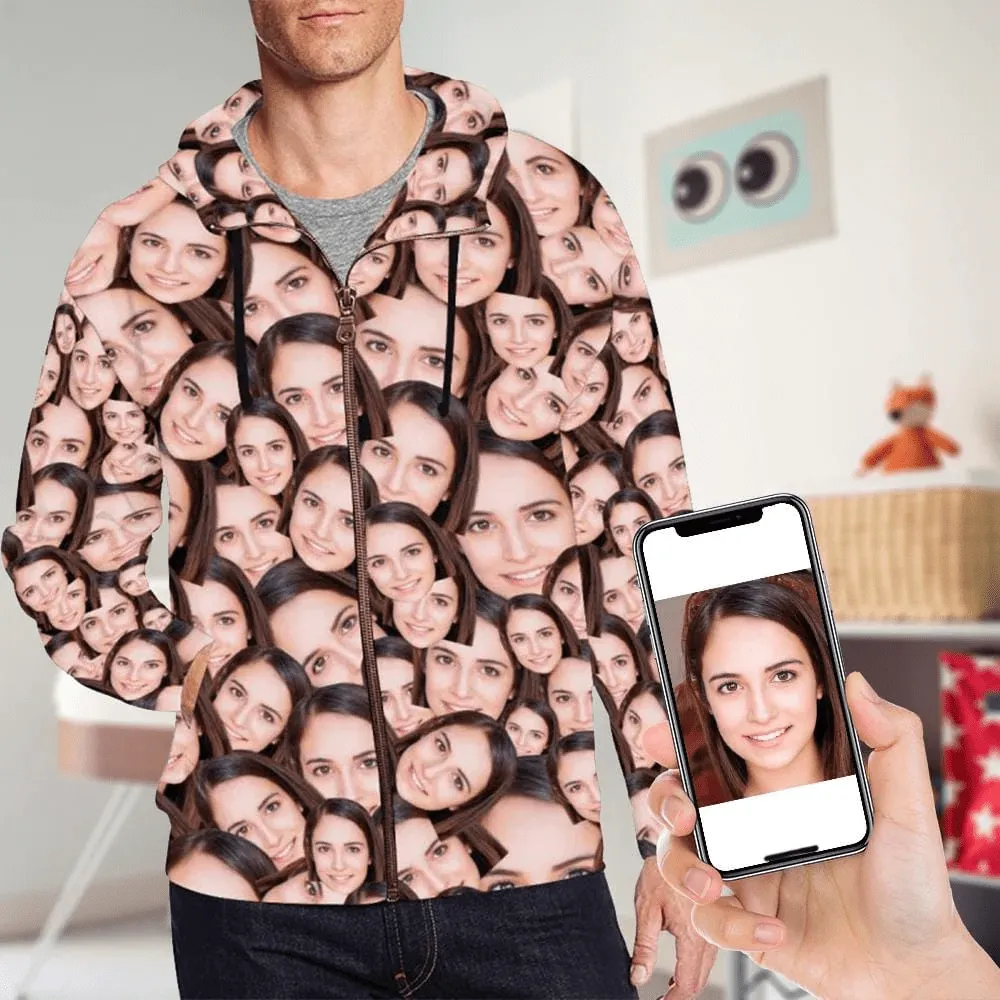【Discount - limited time】Custom Face Women's All Over Print Full Zip Hoodie Personalized Husband Seamless Face Hoodie