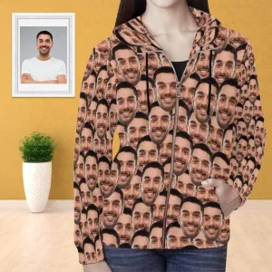 【Discount - limited time】Custom Face Women's All Over Print Full Zip Hoodie Personalized Husband Seamless Face Hoodie