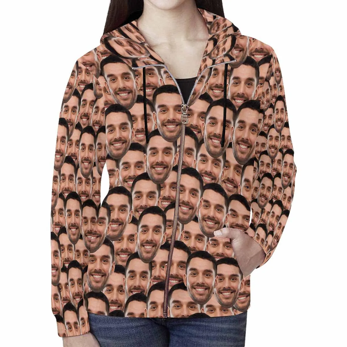 【Discount - limited time】Custom Face Women's All Over Print Full Zip Hoodie Personalized Husband Seamless Face Hoodie