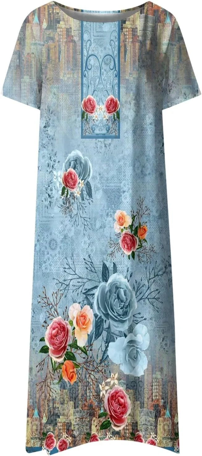 Dresses for Women 2024 Pocket Printed Dresses Pleated Round Neck Long Dresses Short Sleeve Elegant Maxi Dress