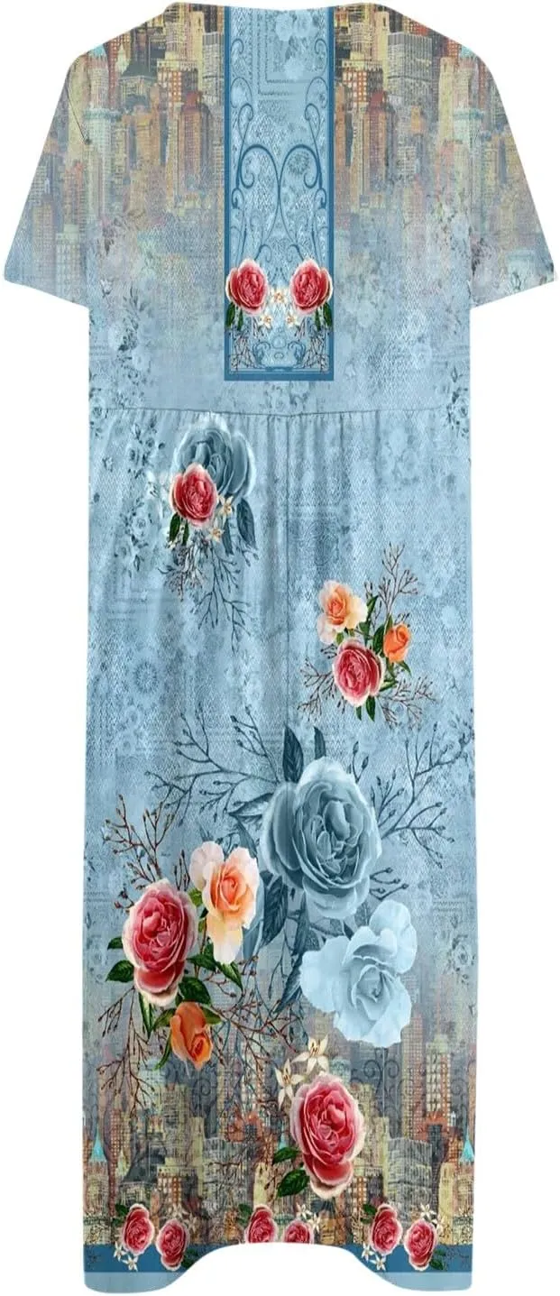 Dresses for Women 2024 Pocket Printed Dresses Pleated Round Neck Long Dresses Short Sleeve Elegant Maxi Dress